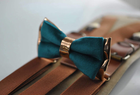 Dark Turquoise Teal Blue Velvet Rose Gold Leather Bow tie + Tan Brown Elastic Suspenders Braces Men / Youth / Boys / Baby Infant Toddler