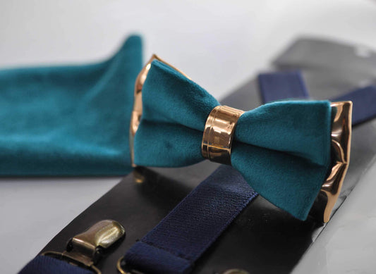 Teal Blue Rose Gold Velvet Leather Bow tie + Navy Blue Suspenders Braces Pocket squares Men /Youth/ Boys Kids / Baby Infant Toddler