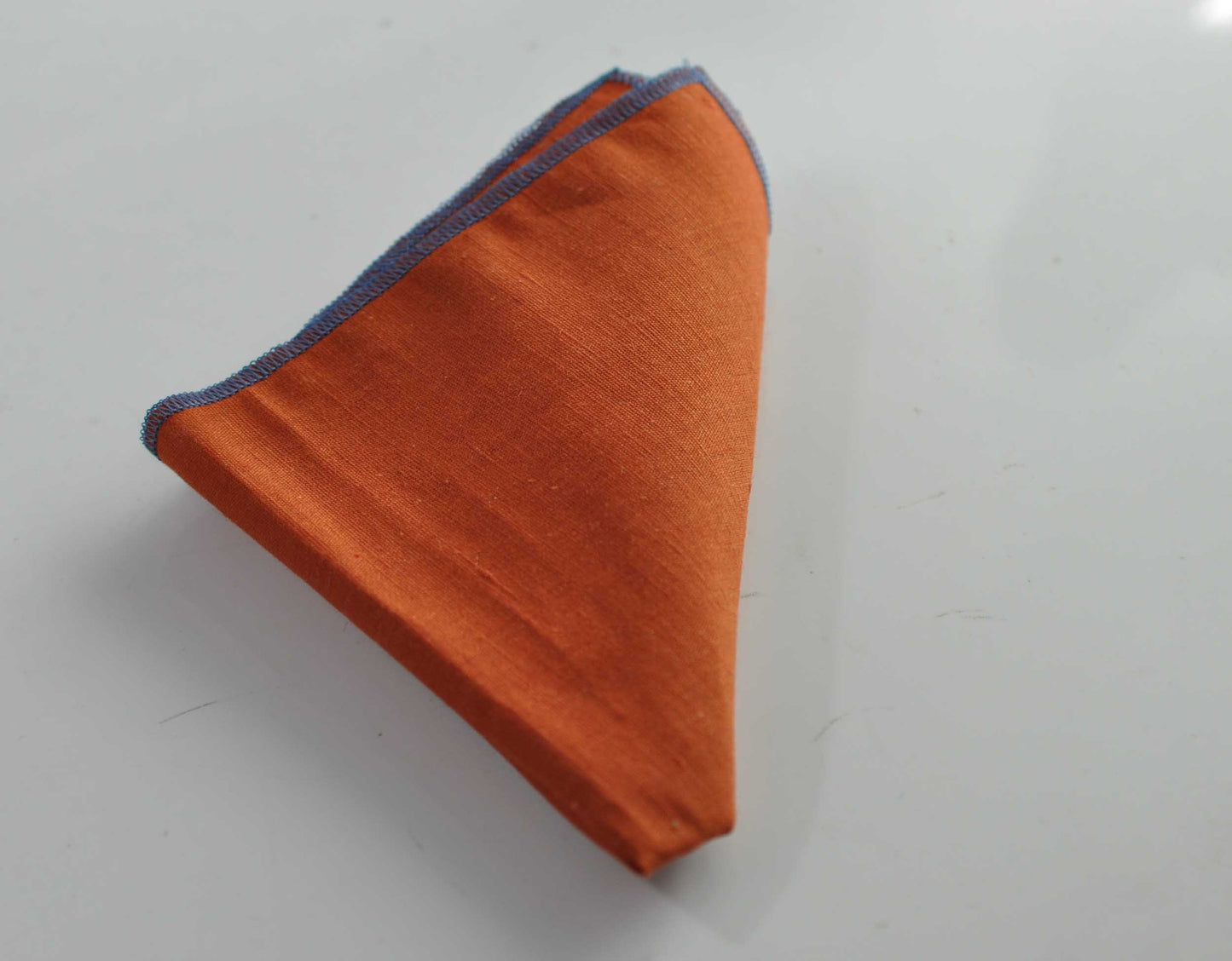 Burnt Orange Linen Pocket Square with Navy Blue Edge Wedding Formal Hanky Handkerchief for Men / Youth / Boy Kids / Baby Infant Toddler