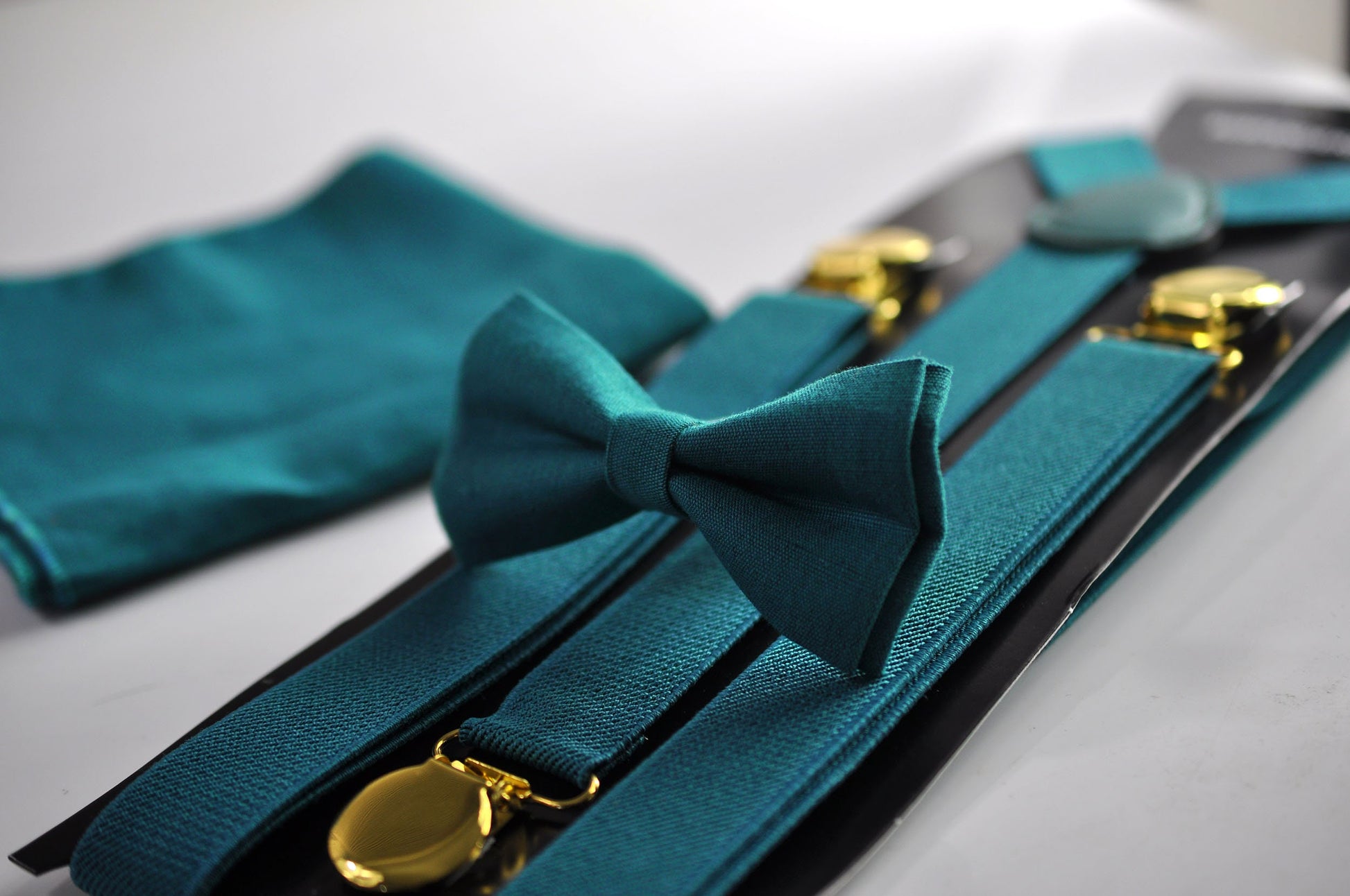 Turquoise Teal Blue Linen Bow tie + Elastic Suspenders Braces + Pocket Square Hanky Handkerchief for Men / Youth / Boys Kids / Baby Infant