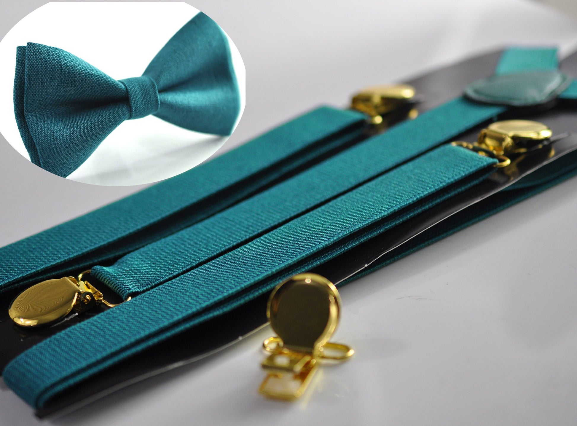 Turquoise Teal Blue Linen Bow tie + Elastic Suspenders Braces + Pocket Square Hanky Handkerchief for Men / Youth / Boys Kids / Baby Infant