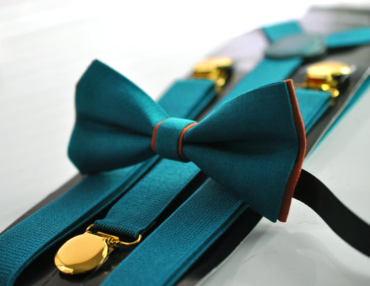 Turquoise Teal Blue and Burnt Orange Linen Bow tie Bowtie + Teal Blue Suspenders Braces for Men / Youth / Boys Kids / Baby Infant Toddler