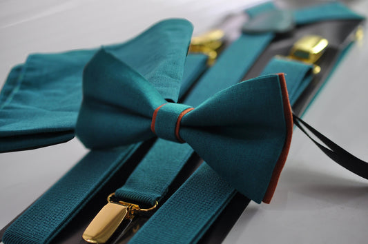 Turquoise Teal Blue Burnt Orange Linen Bow tie + Teal Blue Suspenders Braces Pocket Squares Men / Youth / Boys Kids / Baby Infant Toddler