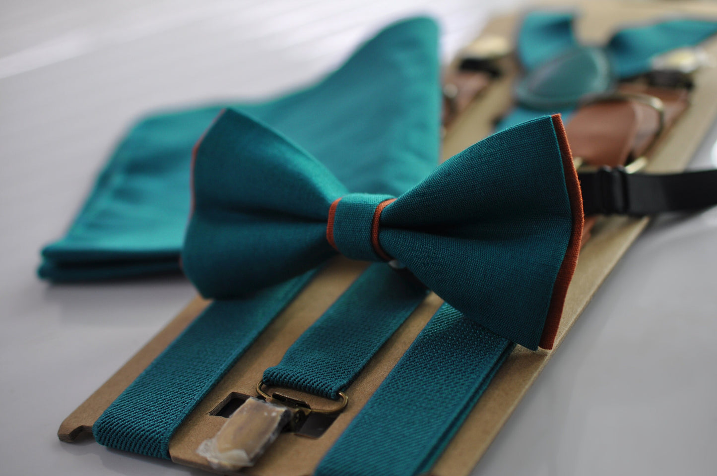 Turquoise Teal Blue Burnt Orange Linen Bow tie + Teal Blue Suspenders Braces Pocket Squares Men / Youth / Boys Kids / Baby Infant Toddler