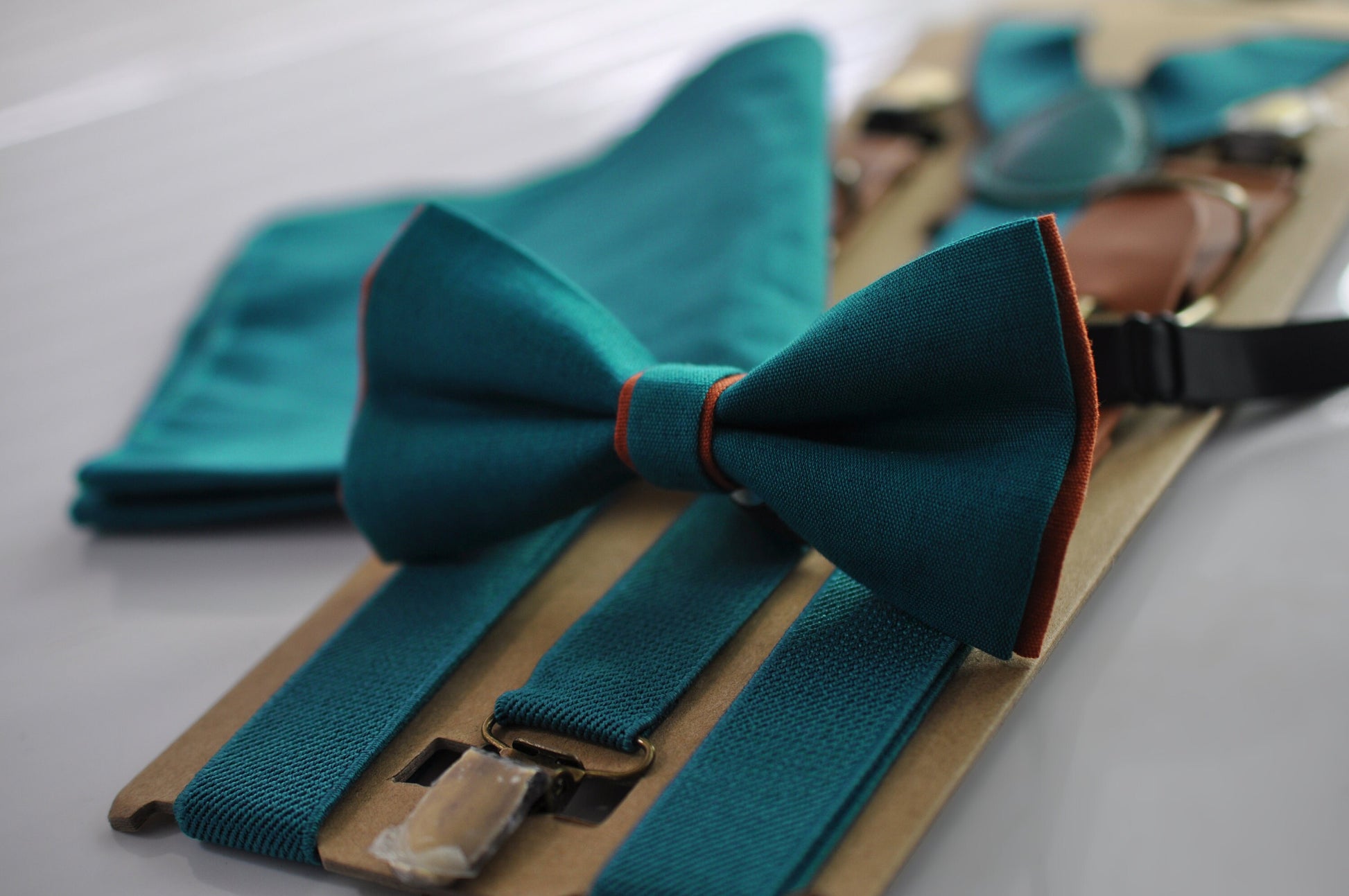 Turquoise Teal Blue Burnt Orange Linen Bow tie + Teal Blue Suspenders Braces Pocket Squares Men / Youth / Boys Kids / Baby Infant Toddler