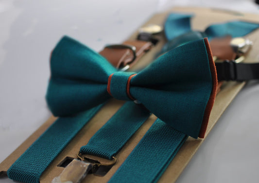 Turquoise Teal Blue and Burnt Orange Linen Bow tie Bowtie + Teal Blue Suspenders Braces for Men / Youth / Boys Kids / Baby Infant Toddler
