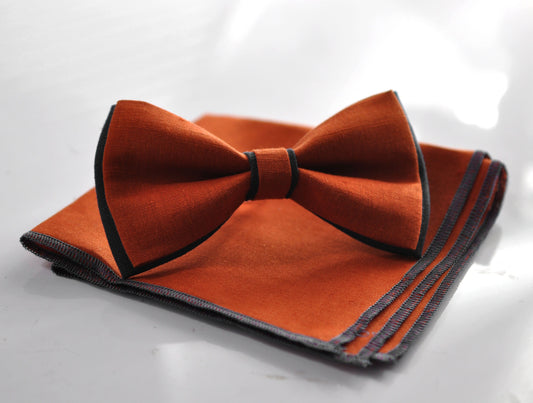 Black and Burnt Orange Linen Cotton Pre tied Bow tie + pocket Square Hanky Handkerchief for Men Adult / Teenage / Boy Kids / Baby Infant