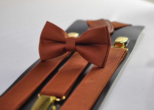 Rust Rusty Redish Brown Cotton Bow tie Bowtie + matched Elastic Suspenders Braces for Men / Youth Teenage/ Boys Kids / Baby Infant Toddler