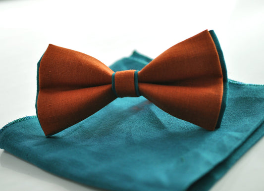 Turquoise Teal Blue Burnt Orange Linen Bow tie + Teal blue Pocket Squares Hanky Handkerchief Men Adult / Youth / Boy Kids / Baby Infant