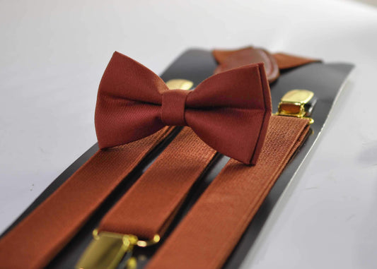 Cinnamon Terracotta Redish Brown Cotton Bow tie Bowtie + matched Elastic Suspenders Braces for Men / Youth / Boys Kids / Baby Infant Toddler