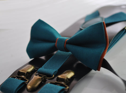 Turquoise Teal Blue and Burnt Orange Linen Bow tie Bowtie + Teal Blue Suspenders Braces for Men / Youth / Boys Kids / Baby Infant Toddler
