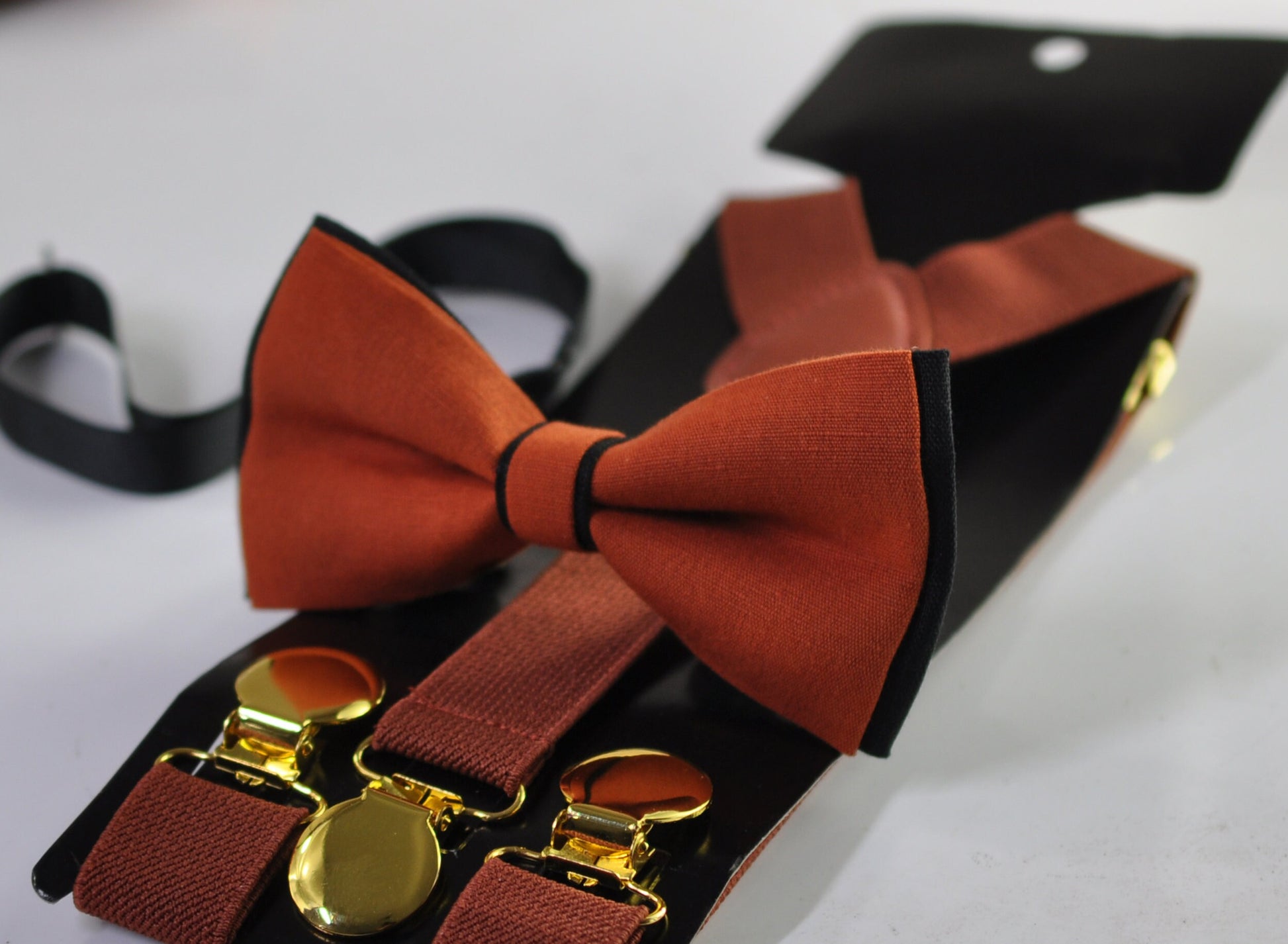 Burnt Orange and Black Linen Bow tie Bowtie + Rust Suspenders Braces for Men / Youth Teenage/ Boys Kids / Baby Infant Toddler
