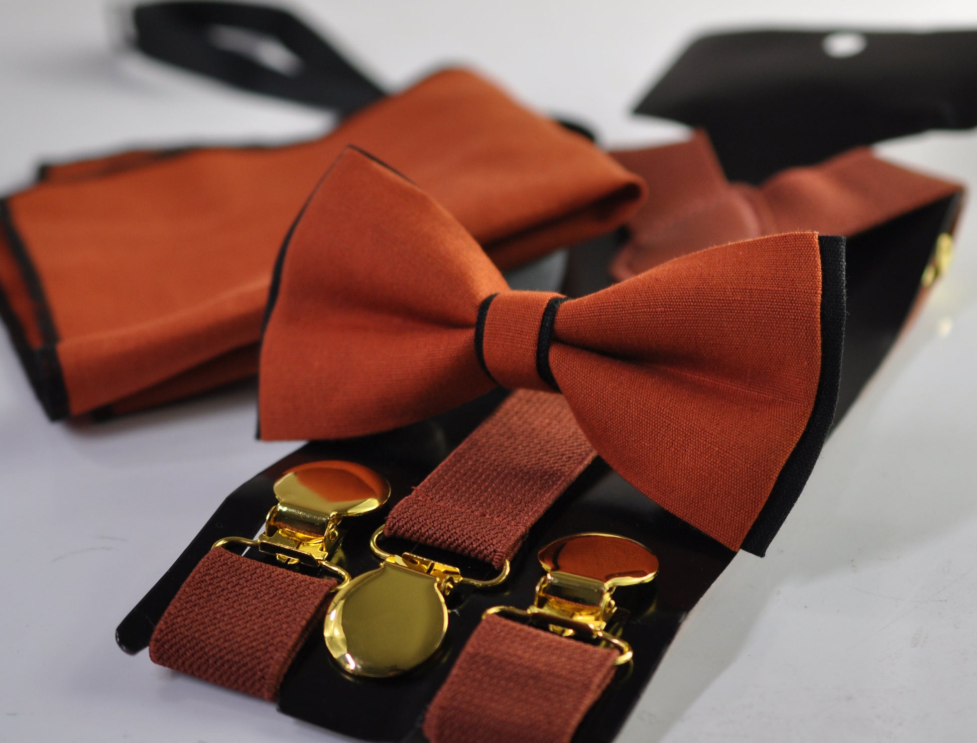 Black Burnt Orange Linen Bow tie + RUST Suspenders Braces + pocket Square Hanky Handkerchief Men Adult / Teenage / Boy Kids / Baby Infant