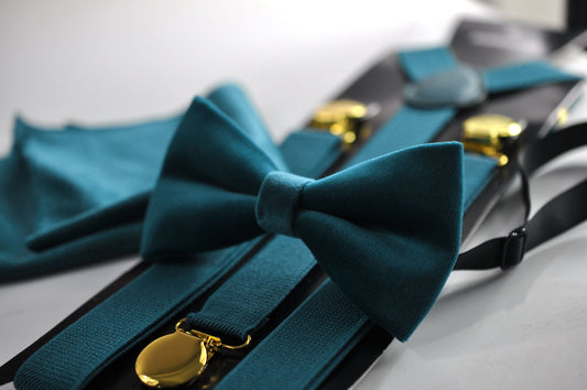 Teal blue Velvet Bow tie + matched Pocket Square Hanky Handkerchief + matched Suspenders Braces Men / Youth / Boys / Baby Infant toodler