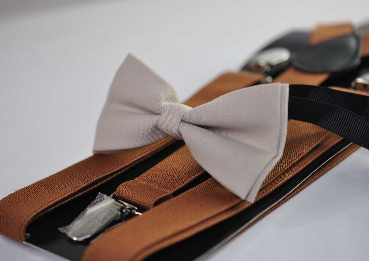 Begie Sand Pale Brown Cotton Bow tie Bowtie + Tan Brown Elastic Suspenders Braces for Men / Youth Teenage/ Boys Kids / Baby Infant Toddler