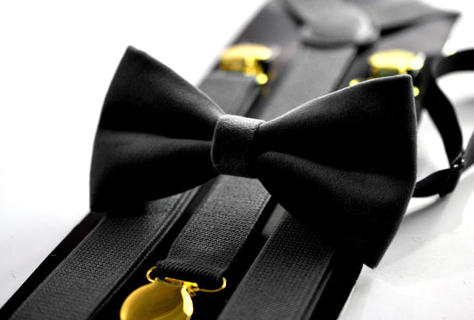 Black Velvet Bow tie + Black Elastic Suspenders Braces with gold golden clips for Men / Youth / Boys Kids / Baby Infant Toddler
