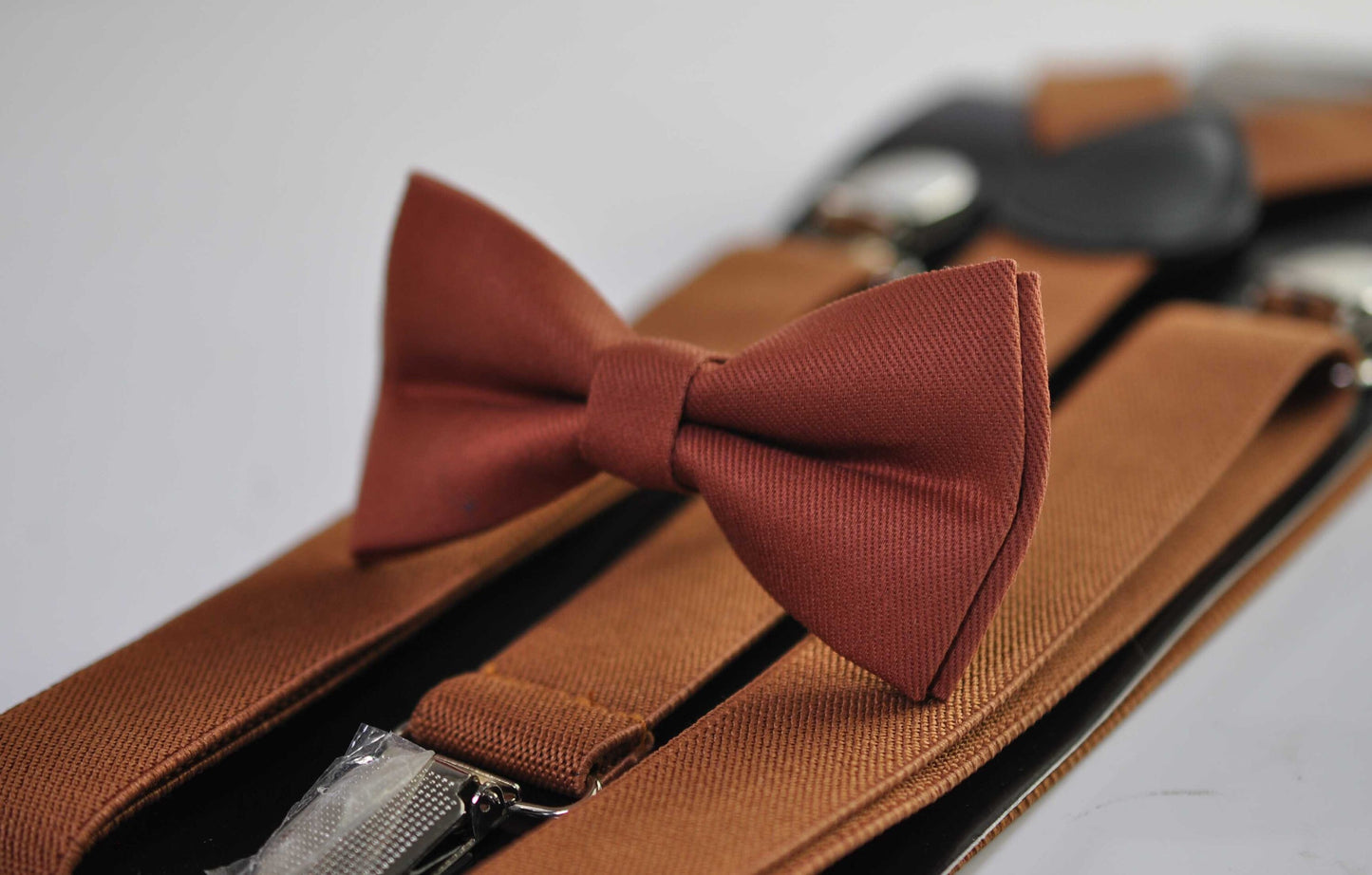 Cinnamon Terracotta Brown Cotton Bow tie + Pocket Square Hanky Handkerchief + Tan Suspenders Braces Men / Youth / Boys Kids / Baby Infant