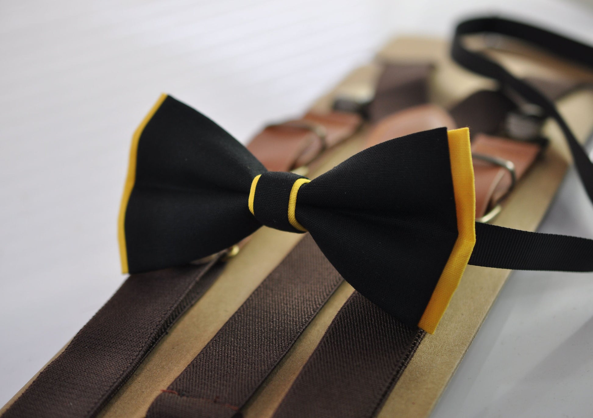 Black Yellow Cotton Bow tie Bowtie + Coffee Brown Elastic Suspenders Braces for Men / Youth / Boys Kids / Baby Infant Toddler