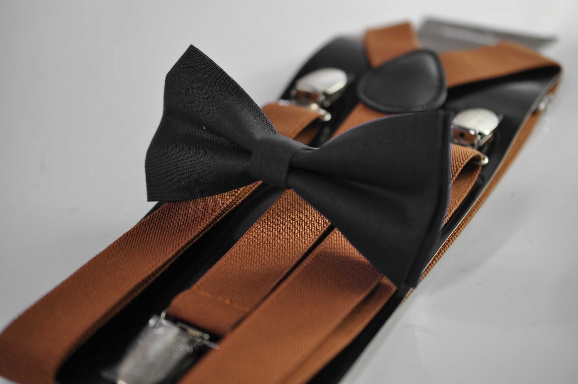 Black Cotton Bow tie Bowtie + Tan Brown Elastic Suspenders Braces for Men / Youth Teenage/ Boys Kids / Baby Infant Toddler