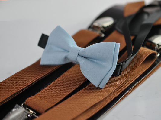 Boy blue light Baby Blue Bow tie Bowtie + Tan Brown Elastic Suspenders Braces for Men / Youth Teenage/ Boys Kids / Baby Infant Toddler