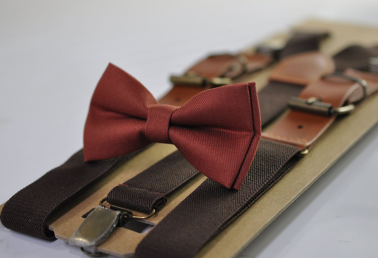 Cinnamon Terracotta Redish Brown Cotton Bow tie Bowtie + Rust Elastic Suspenders Braces for Men / Youth / Boys Kids / Baby Infant Toddler