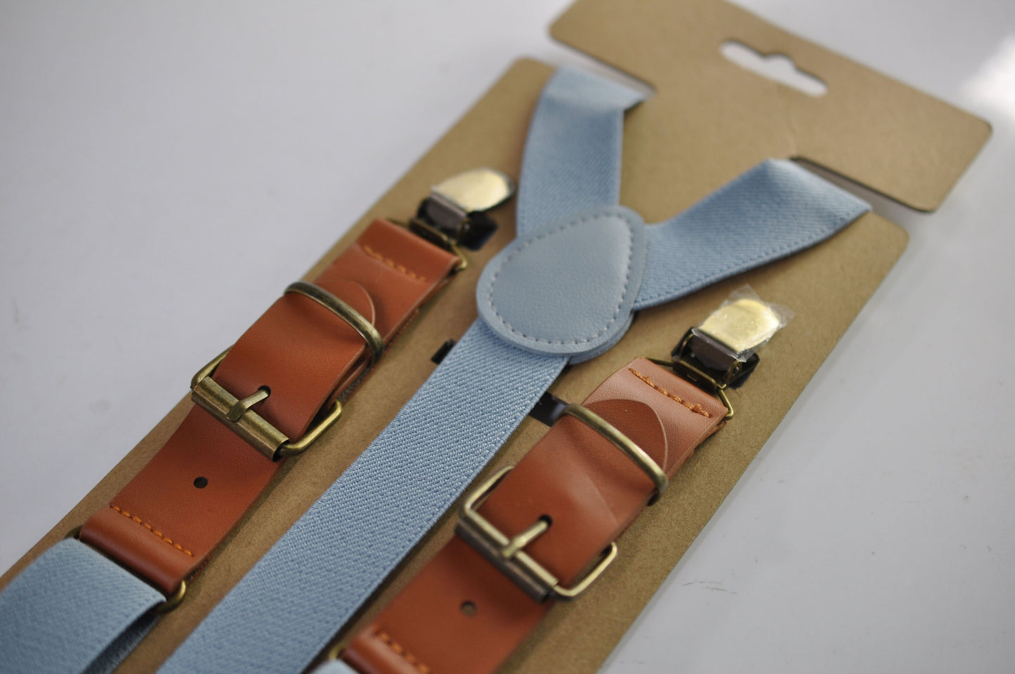 25mm Dusky Dusty Blue Light blue Elastic Tan Faux Leather Adjustabale Suspenders Braces for Men / Youth / Boy Kids / Infant Toddler Baby