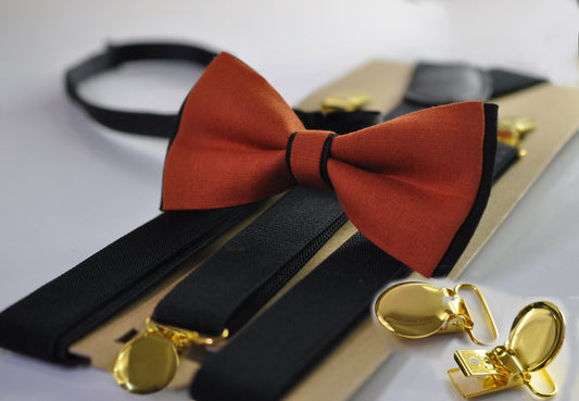 Burnt Orange and Black Linen Bow tie Bowtie + Black Suspenders Braces for Men / Youth Teenage/ Boys Kids / Baby Infant Toddler