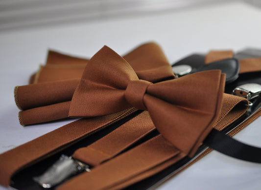 Tan Brown Cotton Bow tie + Elastic Suspenders Braces + Pocket Square Hanky Handkerchief for Men / Youth / Boys Kids / Baby Infant