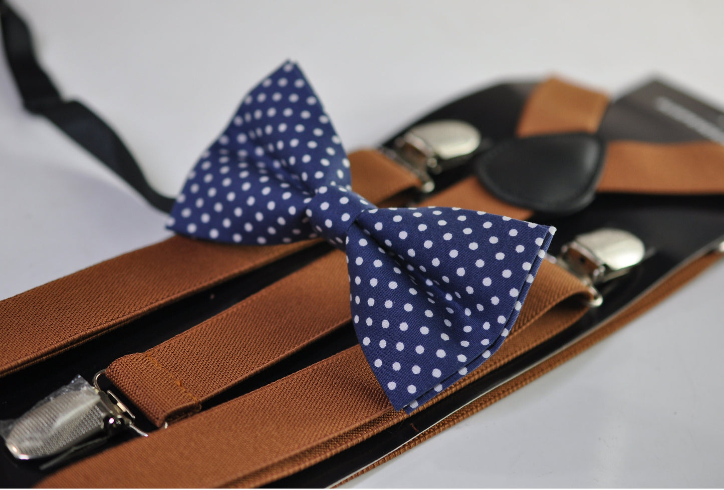 Navy Blue Polka Dots Cotton Bow tie Bowtie + Tan Brown Elastic Suspenders Braces for Men / Youth Teenage/ Boys Kids / Baby Infant Toddler