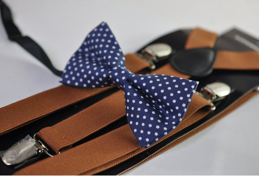Navy Blue Polka Dots Cotton Bow tie Bowtie + Tan Brown Elastic Suspenders Braces for Men / Youth Teenage/ Boys Kids / Baby Infant Toddler