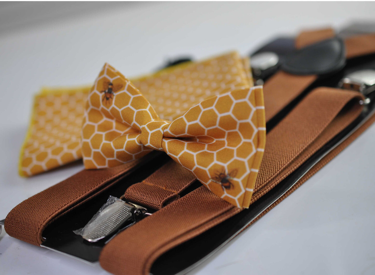 Yellow White Honeycomb Honey comb Cotton Bees Bow tie + Suspenders Braces + Pocket Square Hanky Handkerchief Men / Youth / Boys Kids / Baby