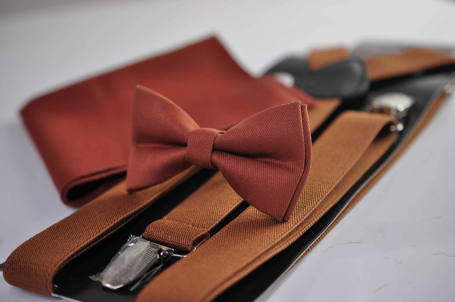 Cinnamon Terracotta Brown Cotton Bow tie + Pocket Square Hanky Handkerchief + Tan Suspenders Braces Men / Youth / Boys Kids / Baby Infant