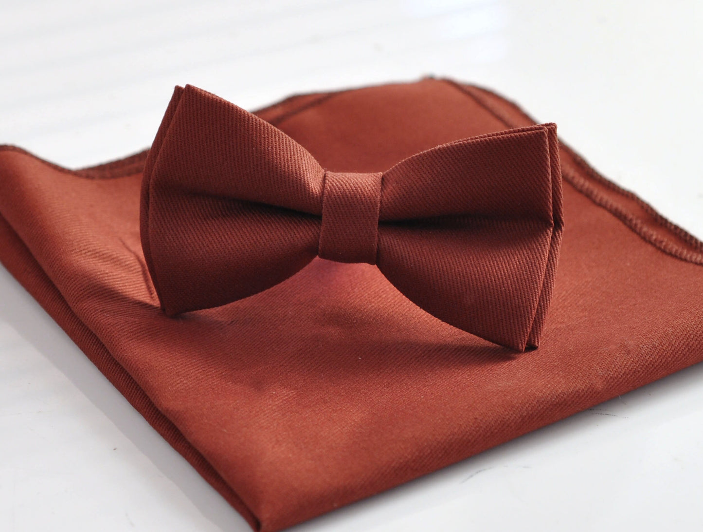 Cinnamon Terracotta Brown Cotton Bow tie + Pocket Square Hanky Handkerchief + Tan Suspenders Braces Men / Youth / Boys Kids / Baby Infant