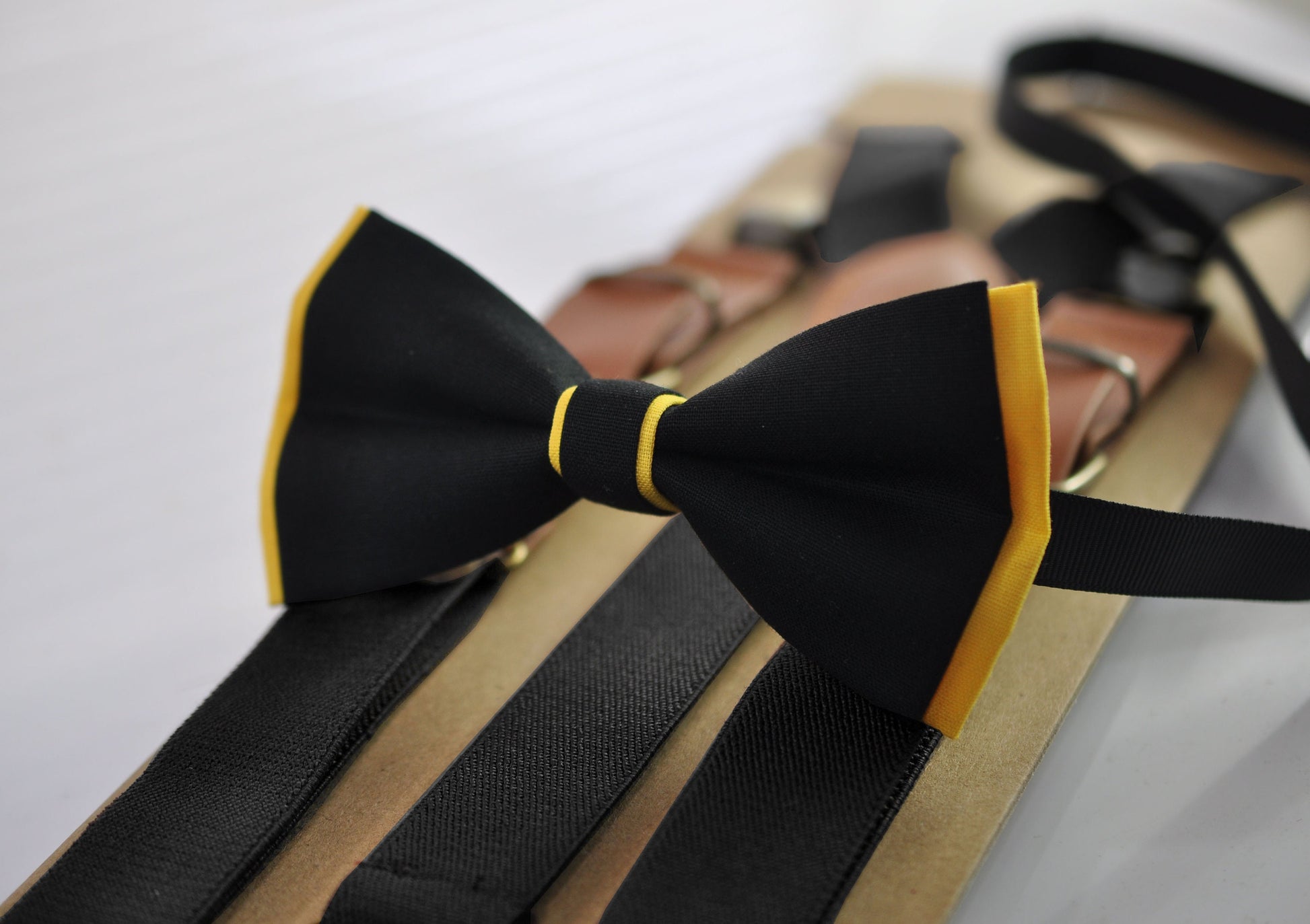 Black Yellow Cotton Pre tied Bow tie Bowtie + Black Elastic Suspenders Braces for Men / Youth / Boys Kids / Baby Infant Toddler
