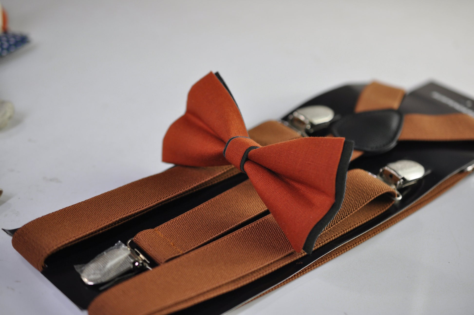Burnt Orange and Black Linen Bow tie Bowtie + Tan Brown Suspenders Braces for Men / Youth Teenage/ Boys Kids / Baby Infant Toddler