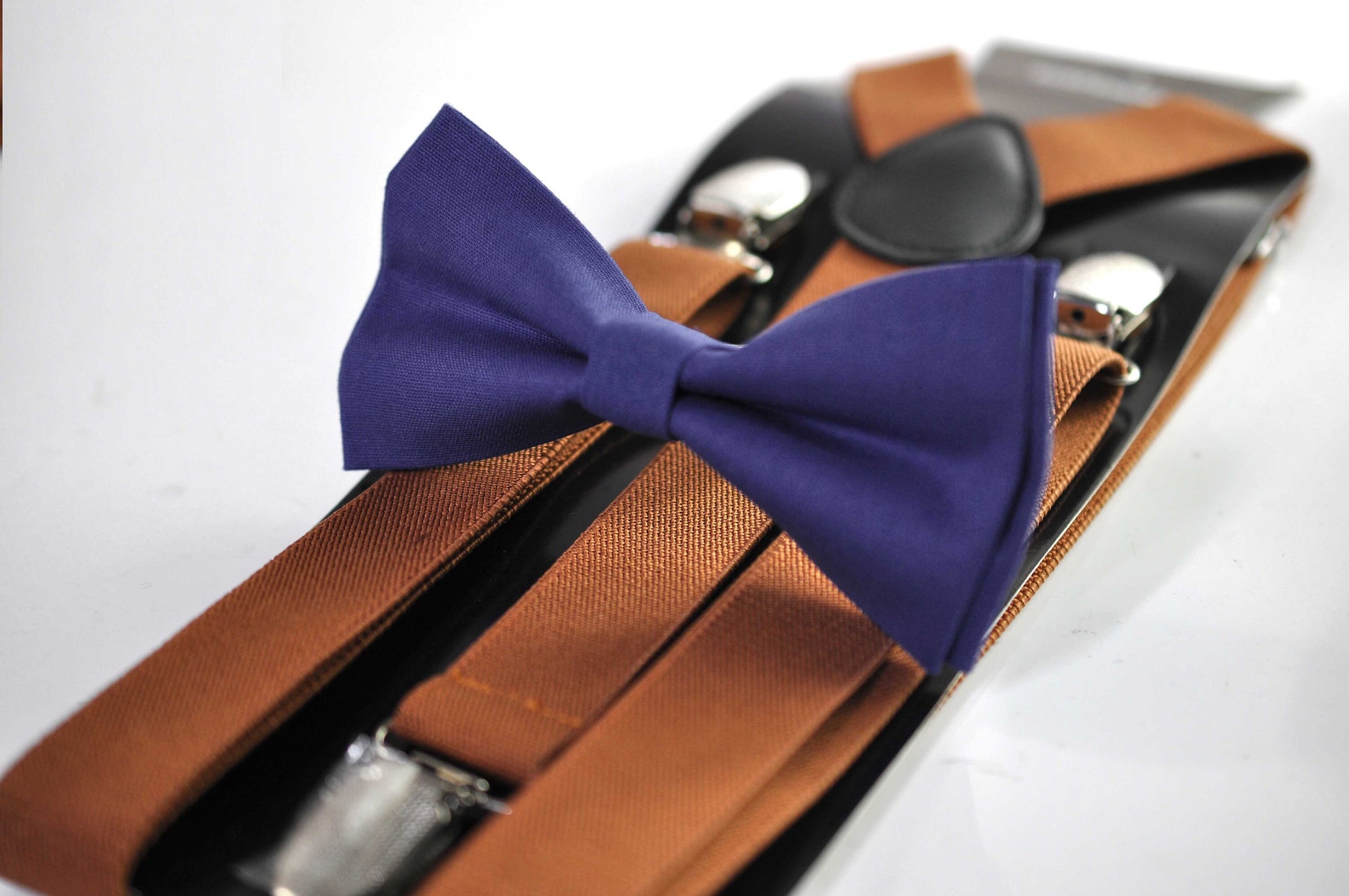 Junior Navy blue Cotton Bow tie Bowtie + Tan Brown Elastic Suspenders Braces for Men / Youth Teenage/ Boys Kids / Baby Infant Toddler