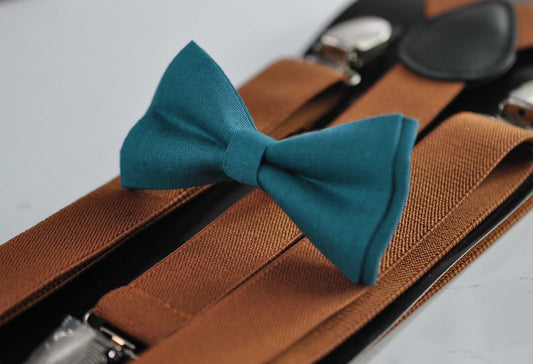 Turquoise Teal Blue Linen Bow tie Bowtie + Tan Brown Elastic Suspenders Braces for Men / Youth Teenage/ Boys Kids / Baby Infant Toddler