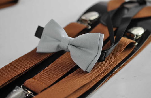 Silver Grey Gray Cotton Bow tie Bowtie + Tan Brown Elastic Suspenders Braces for Men / Youth Teenage/ Boys Kids / Baby Infant Toddler