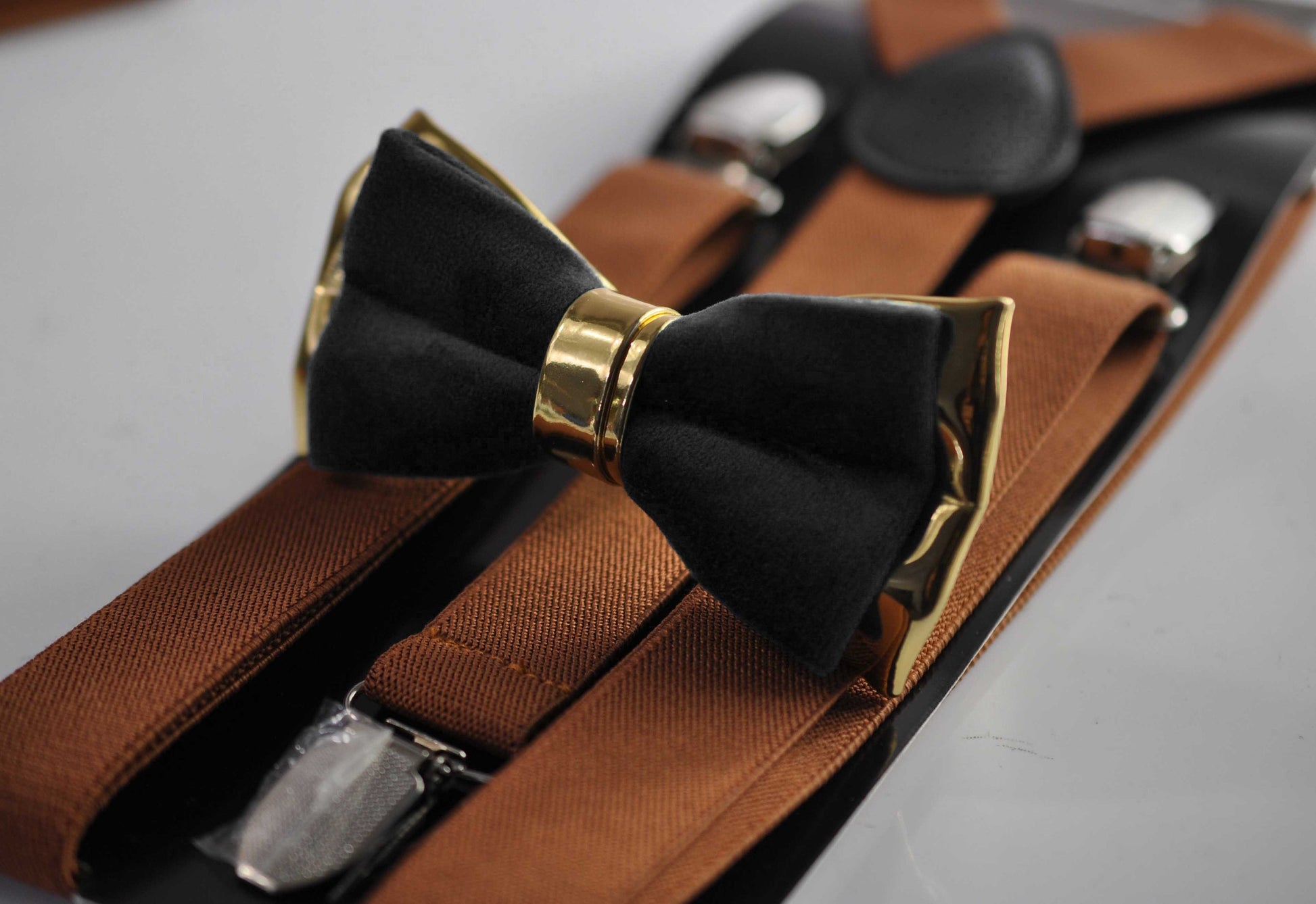 Black Velvet Gold Leather Bow tie bowtie + Tan Brown Elastic Suspenders Braces for Men Youth/ Boys Kids / Baby Infant Toddler