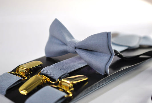 Dusty blue Light BLue Linen Bow tie Bowtie + Matched Elastic Suspenders Braces for Men / Youth / Boys Kids / Baby Infant Toddler