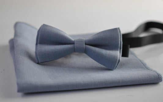 Dusty Blue Linen Bow tie Bowtie + matched pocket Square Hanky Handkerchief Wedding for Men / Youth / Boys Kids / Baby Infant