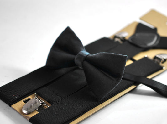 Black Velvet Bow tie + 35MM Black Elastic Suspenders Braces for Men / Youth / Boys Kids / Baby Infant Toddler