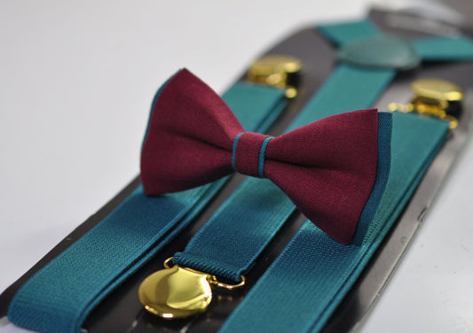 Turquoise Teal Blue and Burgundy Dark Wine Red Bow tie Bowtie + Teal Blue Suspenders Braces Men / Youth / Boys Kids / Baby Infant Toddler