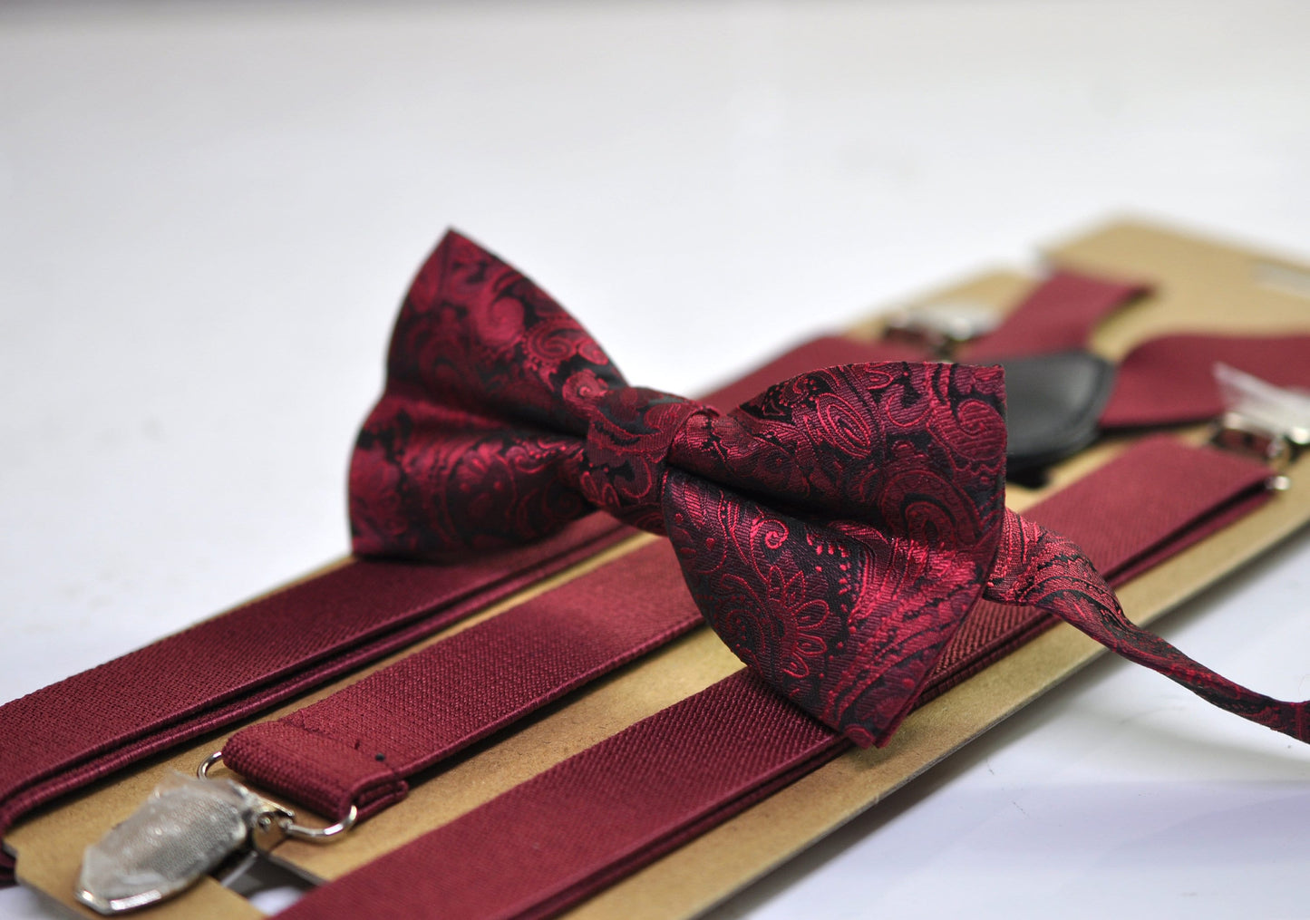 Mens Wine Red Burgundy Yarn-dyed Polyester Silk FEEL Bow tie + Pocket Square Hanky Handkerchief + Tan Suspenders Braces