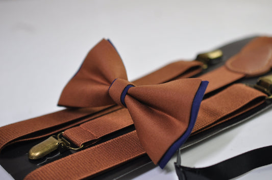 Navy blue and Tan Brown Bow tie Bowtie + Tan Brown Elastic Suspenders Braces Men / Youth/ Boys Kids / Baby Infant Toddler