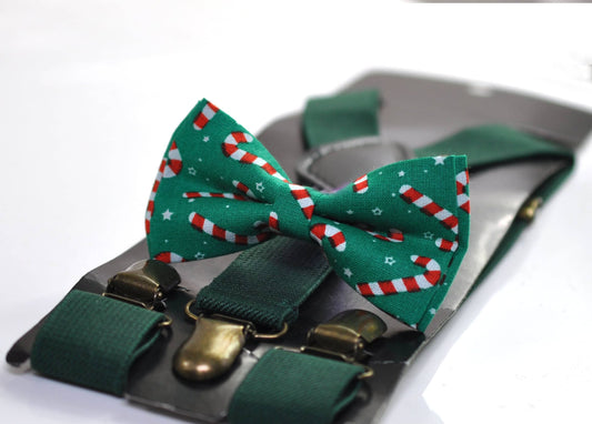 Candy Cane Canes Sticks Christmas Xmas Bow tie Bowtie + Emerald Green Suspenders Braces for Men / Youth/ Boys Kids / Baby Infant Toddler