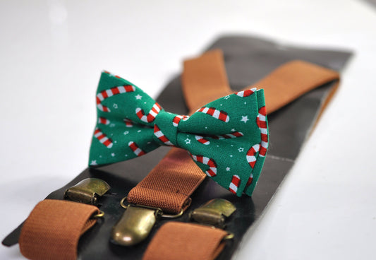 Candy Cane Canes Sticks Christmas Xmas Bow tie Bowtie + Tan Brown Suspenders Braces for Men / Youth/ Boys Kids / Baby Infant Toddler