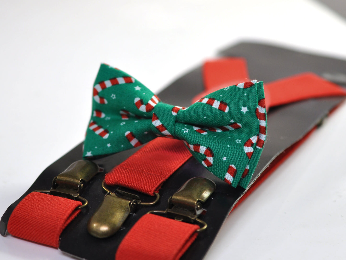 Candy Cane Canes Sticks Christmas Xmas Bow tie Bowtie + Red Suspenders Braces for Men / Youth/ Boys Kids / Baby Infant Toddler