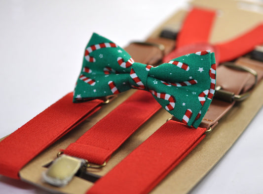 Candy Cane Canes Sticks Christmas Xmas Bow tie Bowtie + Red Suspenders Braces for Men / Youth/ Boys Kids / Baby Infant Toddler