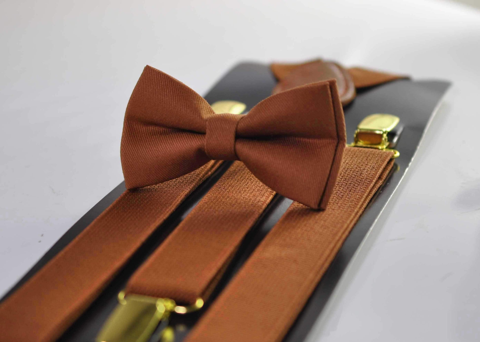 Tan Brown Cotton Bow tie Bowtie + matched Elastic Suspenders Braces for Men / Youth Teenage/ Boys Kids / Baby Infant Toddler